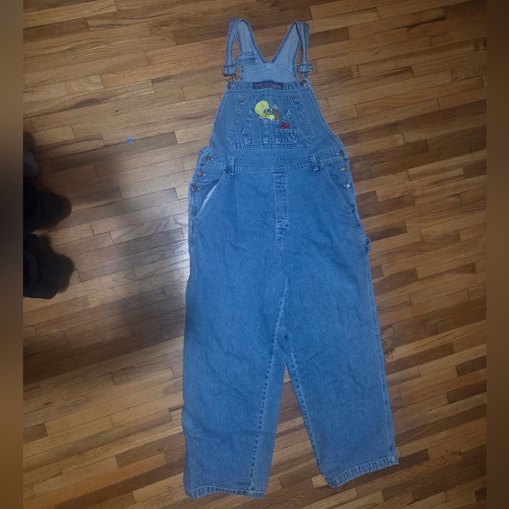 Vintage Blue Denim Overalls with Embroidered Patch Looney Toones